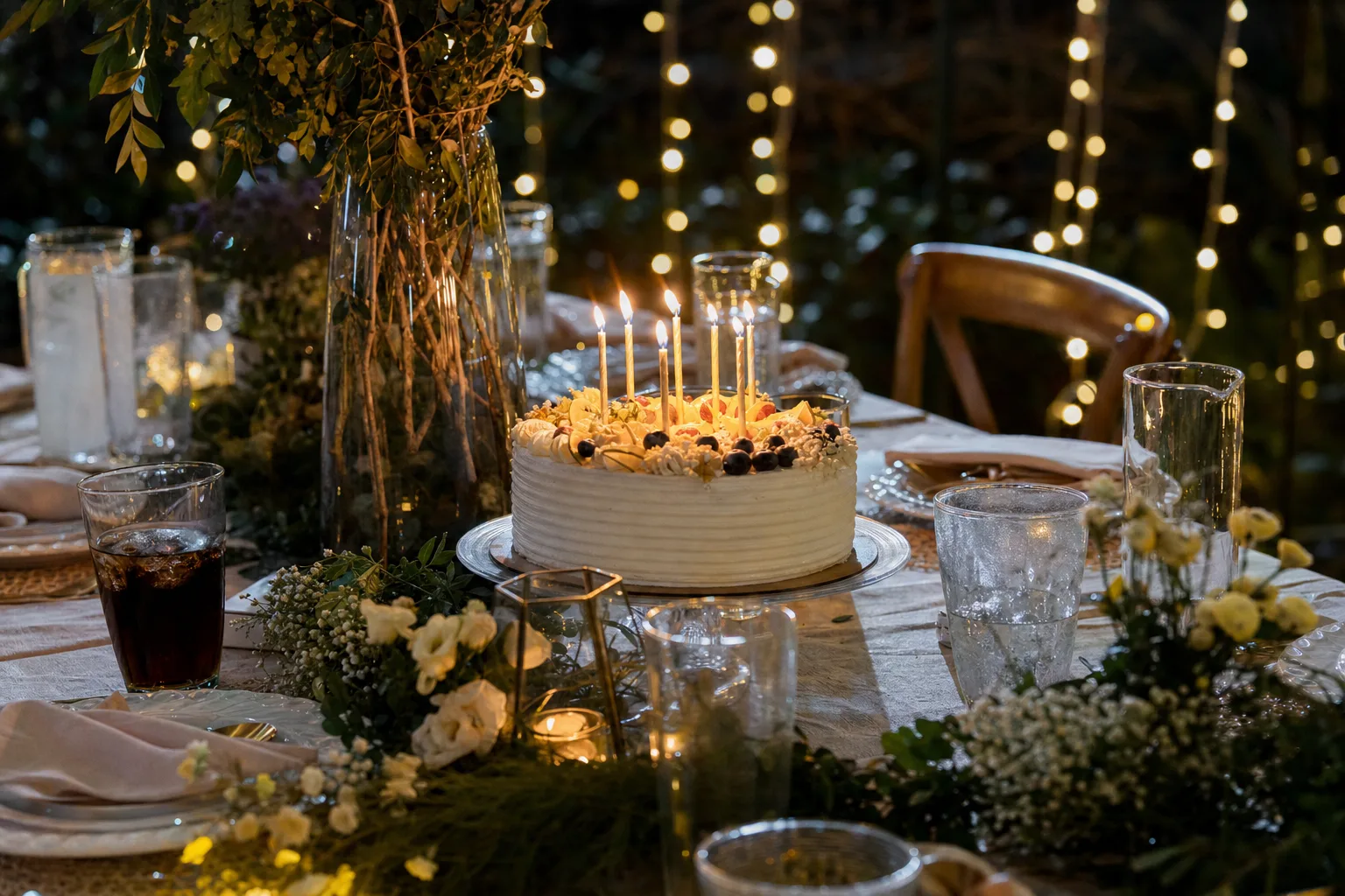 Mesa de aniversário de adulto com bolo, velas e bebidas sem álcool, decorada com luzes quentes