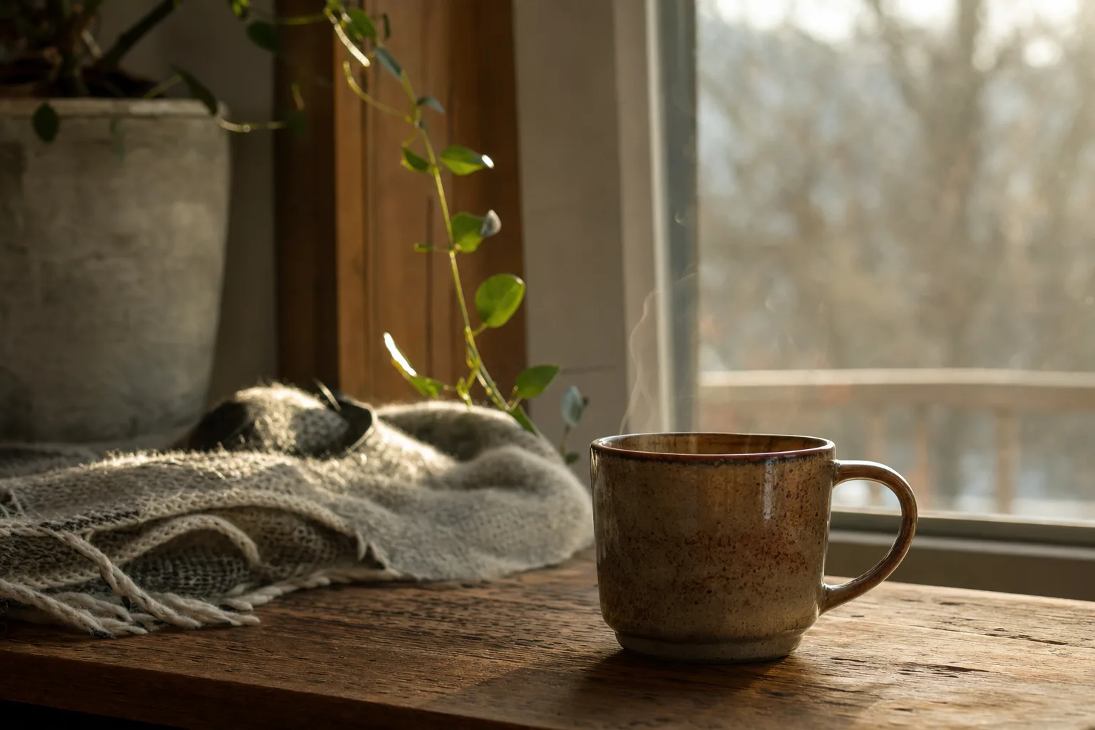 Caneca fumegante num canto aconchegante à luz da manhã, evocando contentamento com o simples
