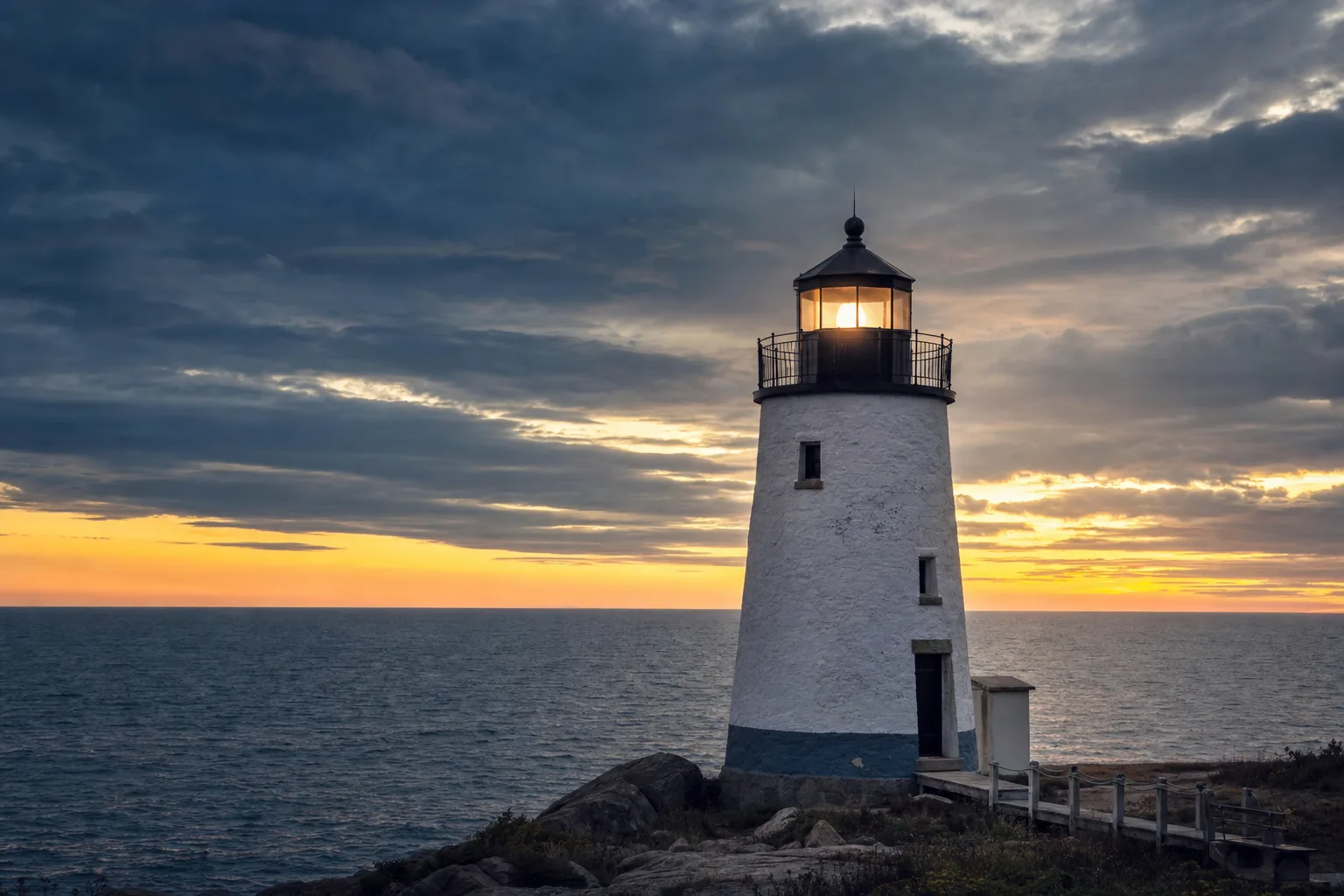 Farol firme sobre as rochas com o mar se acalmando ao amanhecer, evocando refúgio e segurança em Deus
