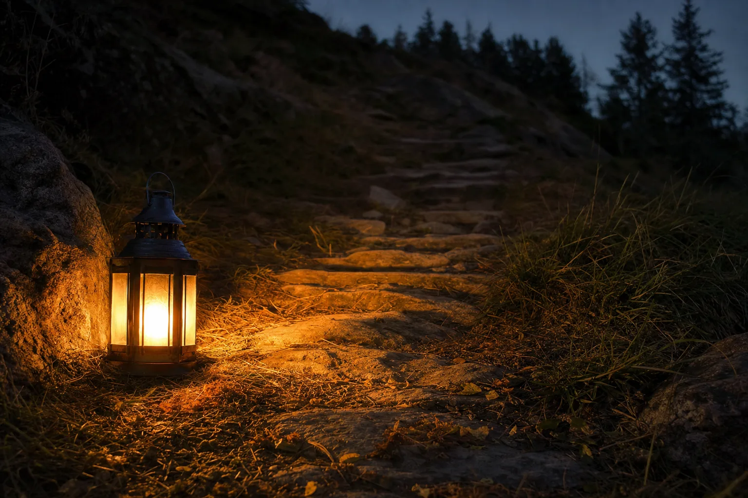 Lanterna acesa iluminando alguns passos de um caminho ao anoitecer, evocando confiar um passo de cada vez