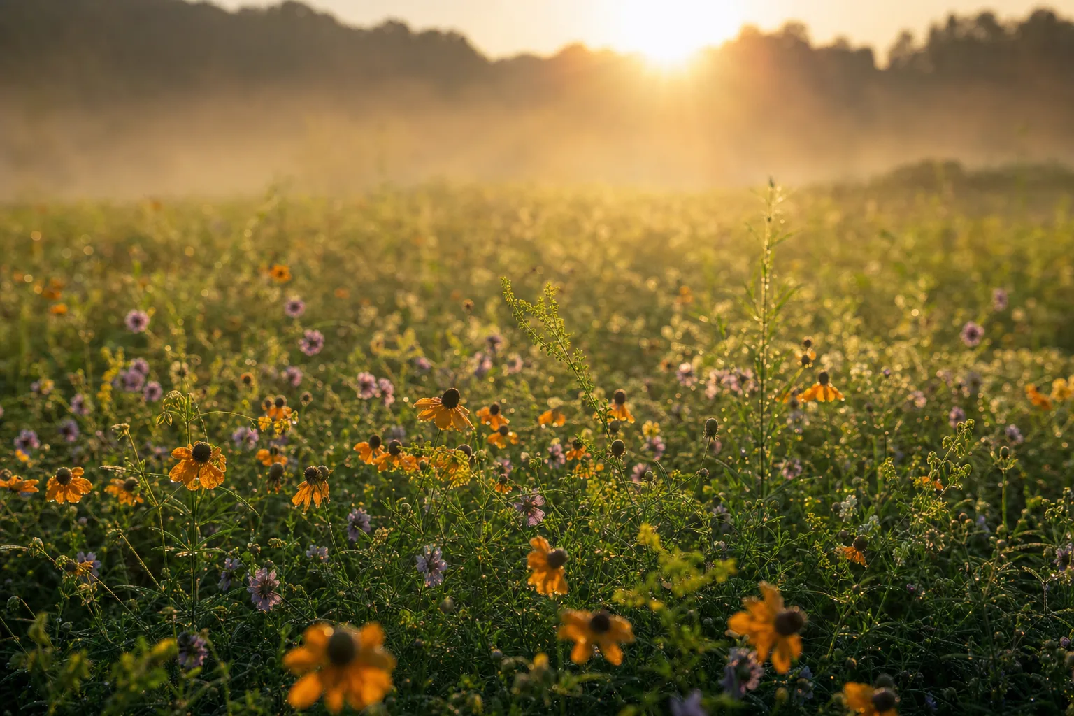 Campo de flores silvestres brilhando à luz da manhã, evocando alegria