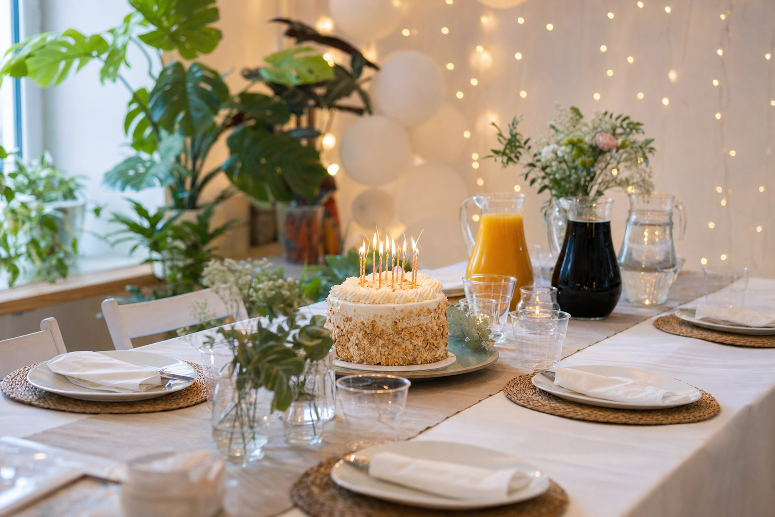Mesa de aniversário de adulto com bolo, velas e bebidas sem álcool, decorada com luzes quentes