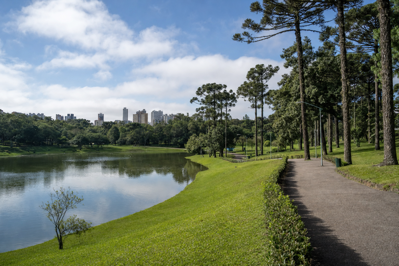 Parque verde de Curitiba com araucárias e lago num dia claro — passeio pela cidade