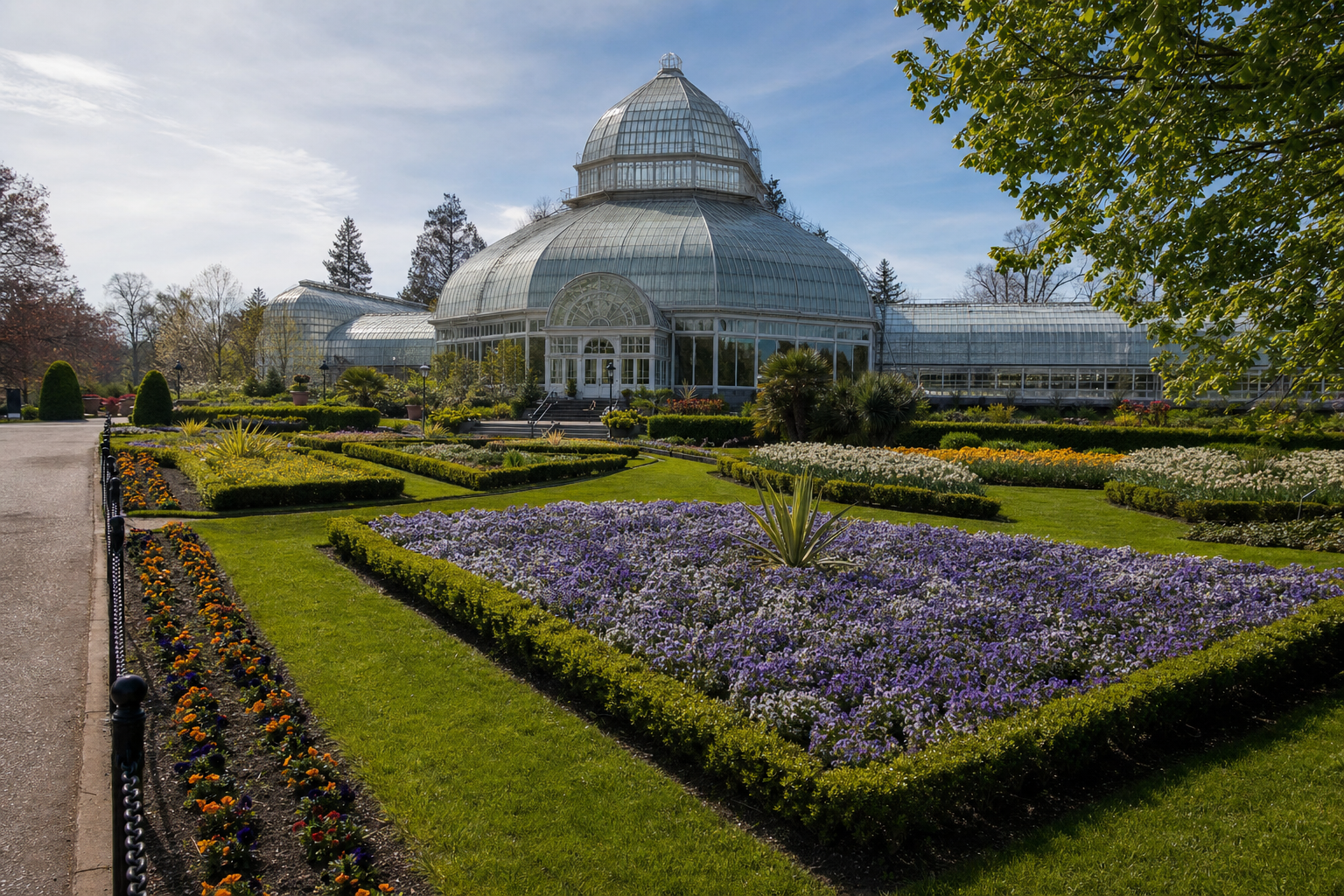 Estufa de vidro e jardins geométricos do Jardim Botânico de Curitiba num dia claro