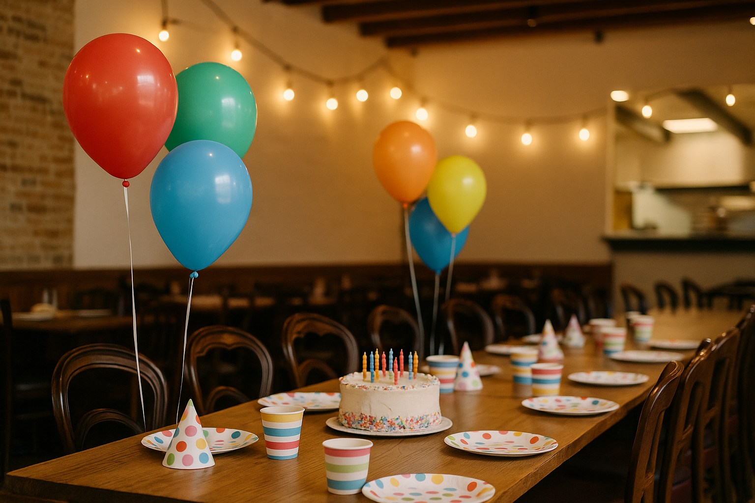 Mesa de festa de aniversário infantil com balões e bolo numa pizzaria de família em Curitiba
