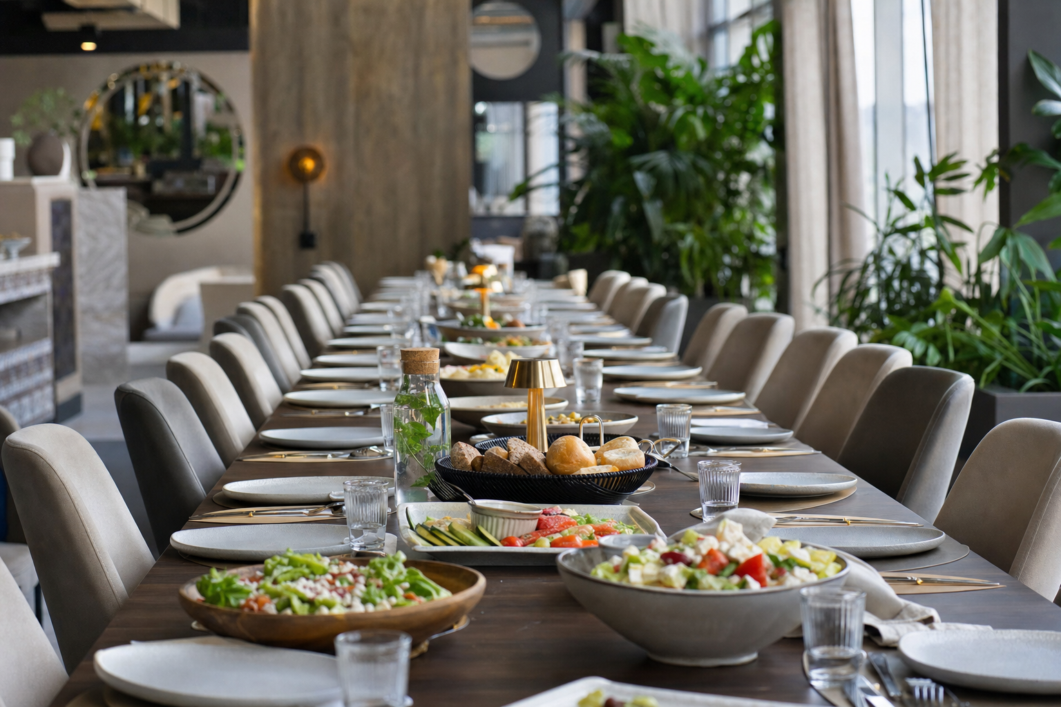 Mesa longa de banquete posta para um jantar de grupo grande num restaurante amplo