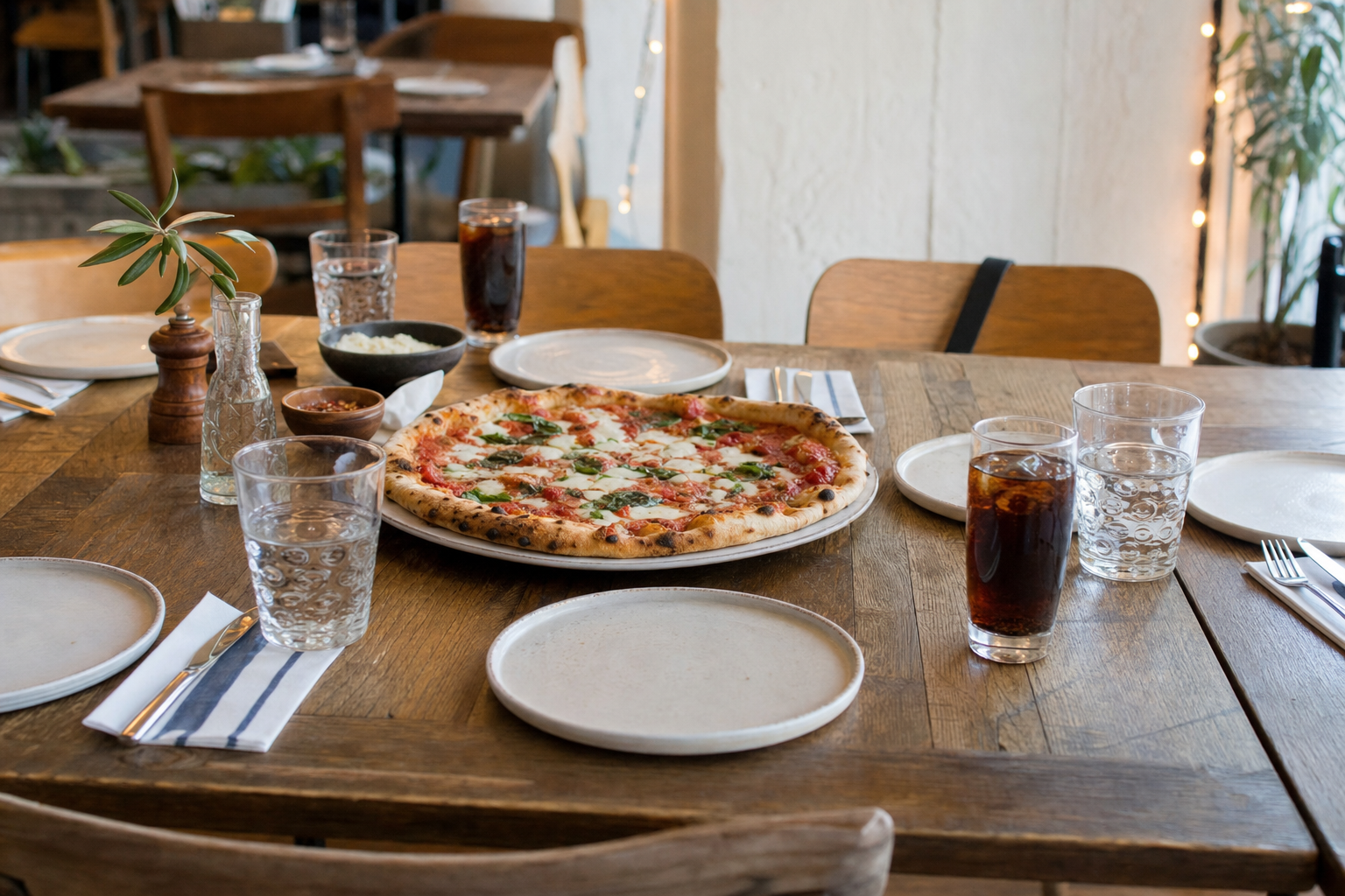 Mesa de jantar em família posta numa pizzaria acolhedora em Curitiba, com pizza para compartilhar e luz quente