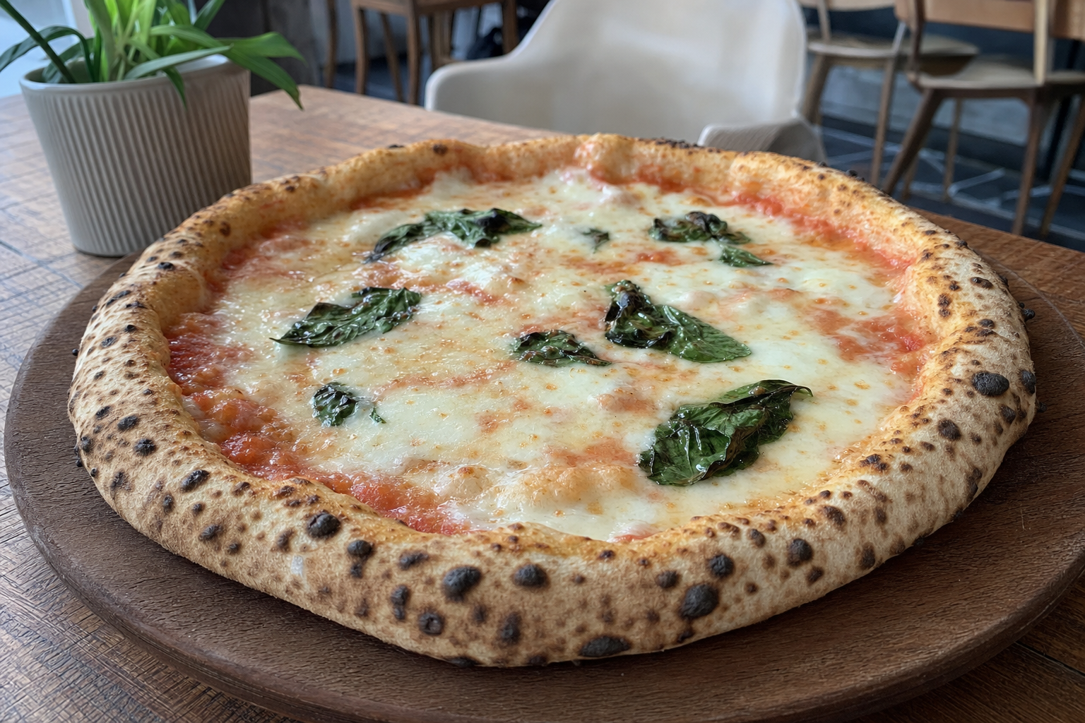 Pizza margherita recém-assada numa tábua de madeira, com mozzarella e manjericão fresco