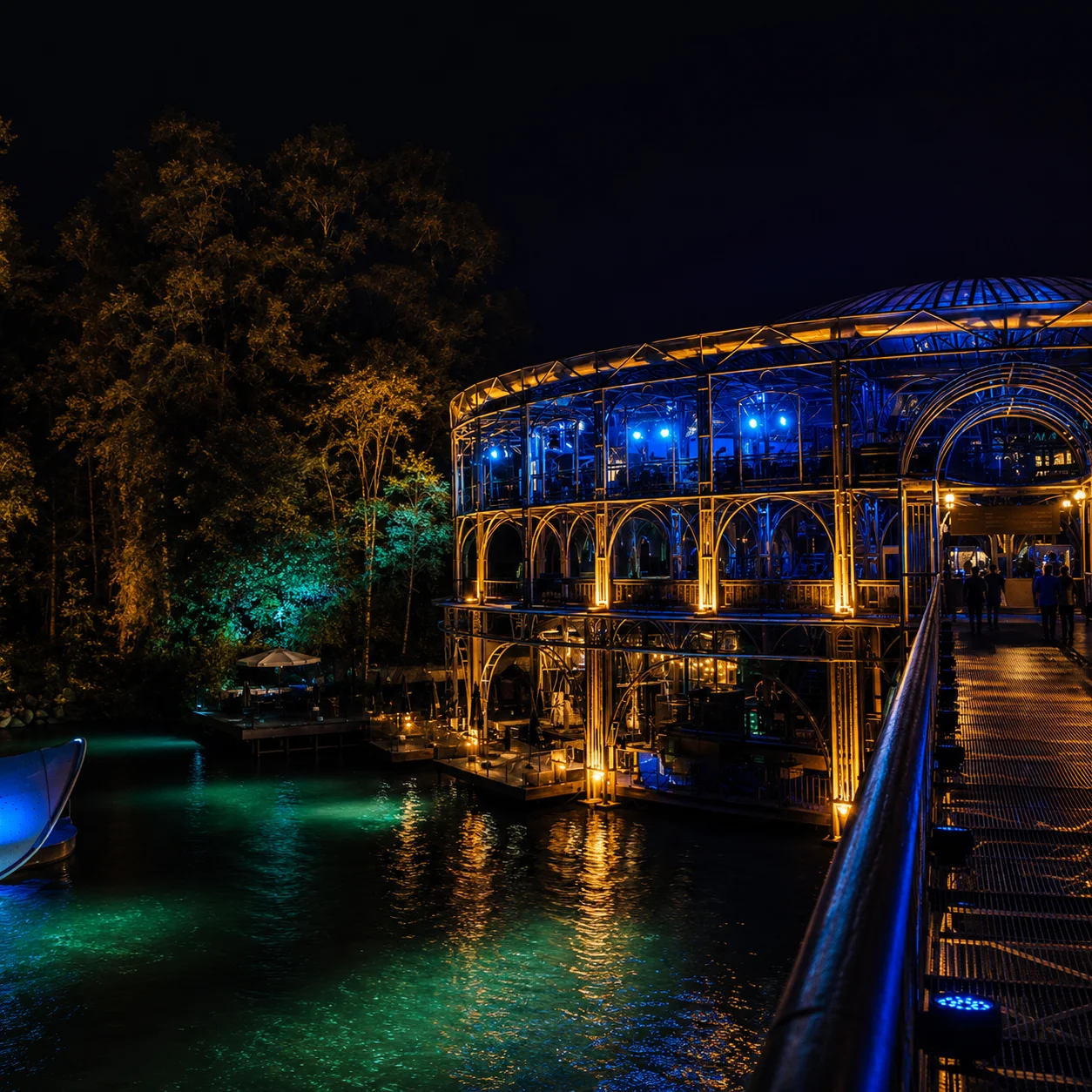 Ópera de Arame iluminada à noite, refletida no lago, em Curitiba