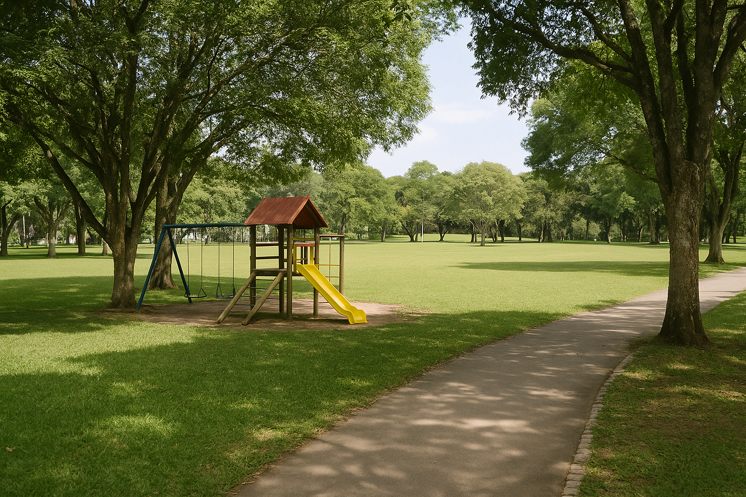 Parque arborizado em Curitiba com playground infantil e gramado aberto — passeio em família com crianças
