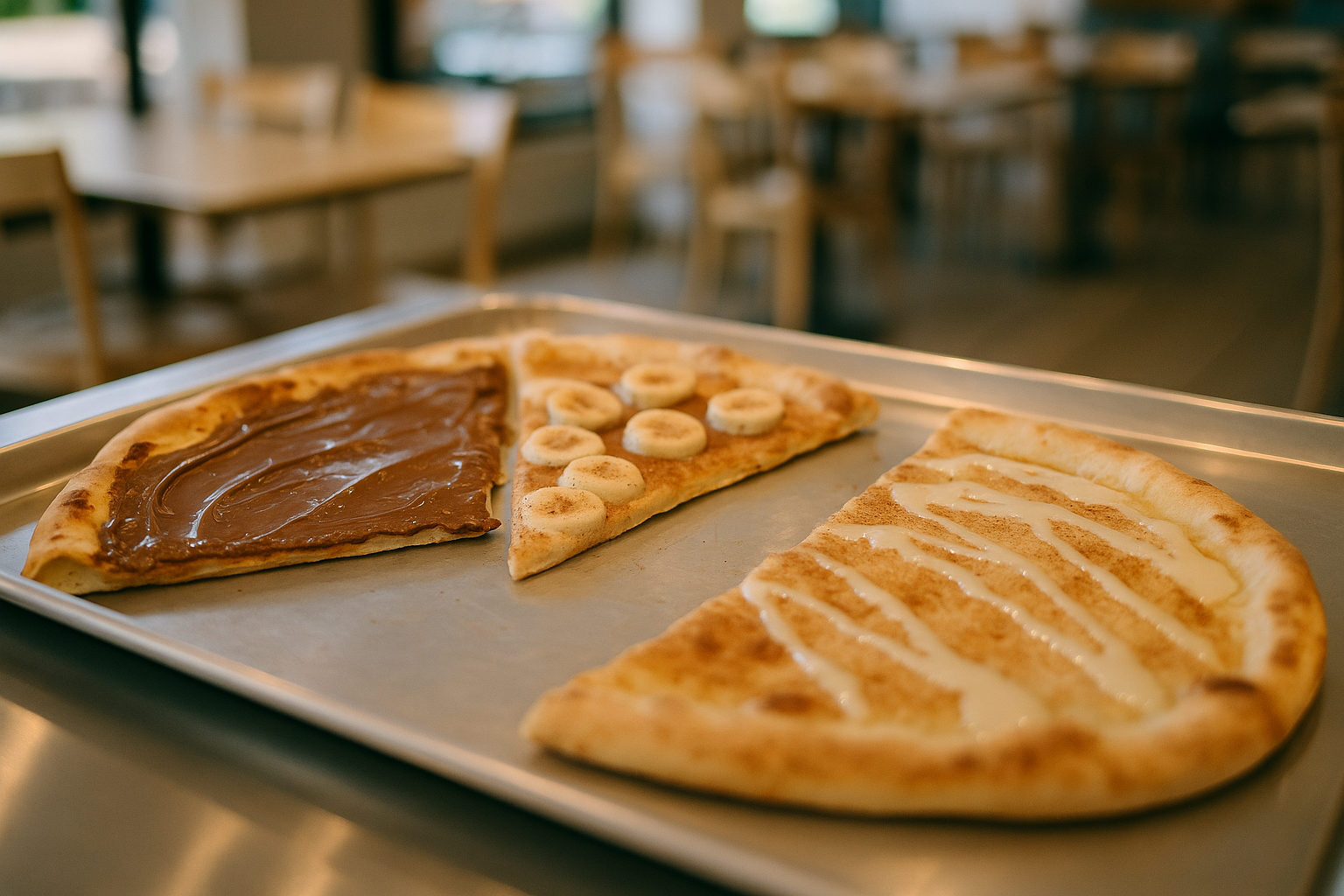 Pizzas doces de chocolate, banana e canela em bandeja de buffet — sobremesa à vontade em pizzaria de família em Curitiba