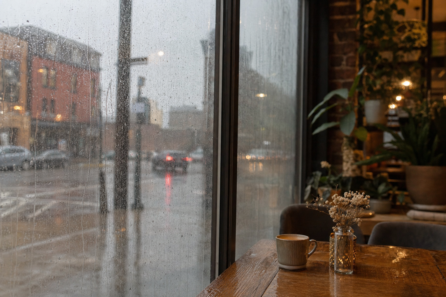 Café aconchegante visto por uma janela com chuva num dia cinzento em Curitiba