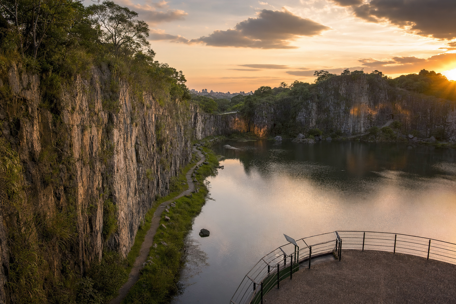 Parque em antigas pedreiras com paredões de pedra, lago e mirante ao pôr do sol, evocando o Parque Tanguá em Curitiba