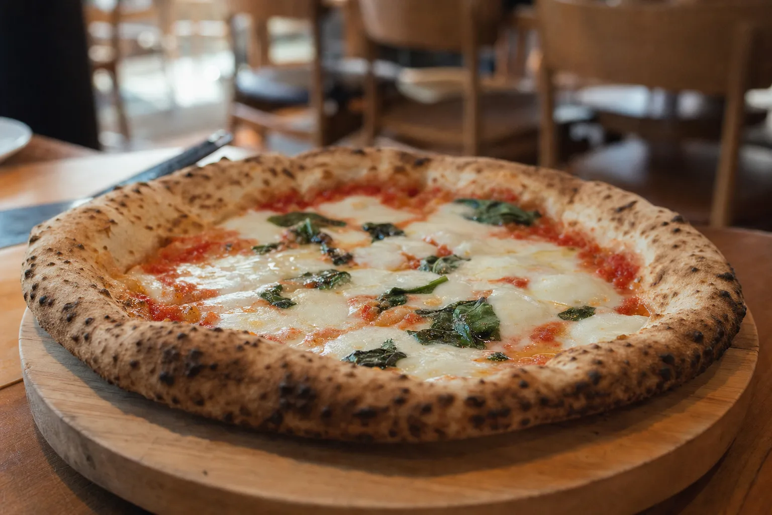 Pizza margherita recém-assada numa tábua de madeira, evocando uma boa pizzaria de Curitiba
