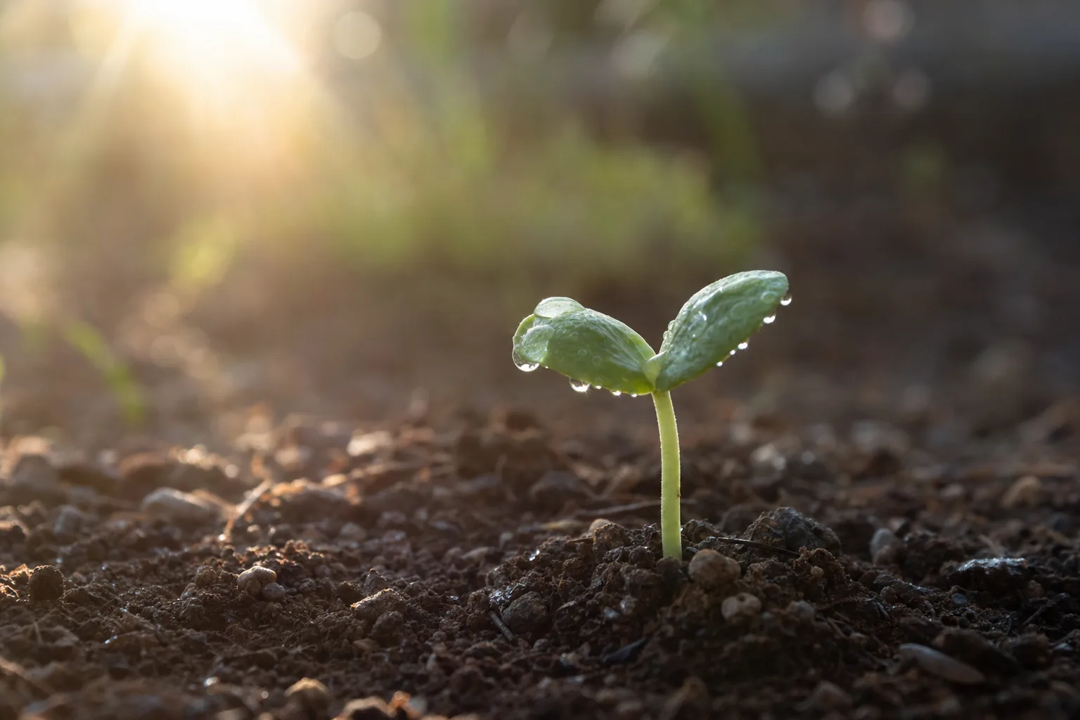 Pequeno broto verde nascendo da terra em direção à luz, evocando persistência e colheita no tempo certo
