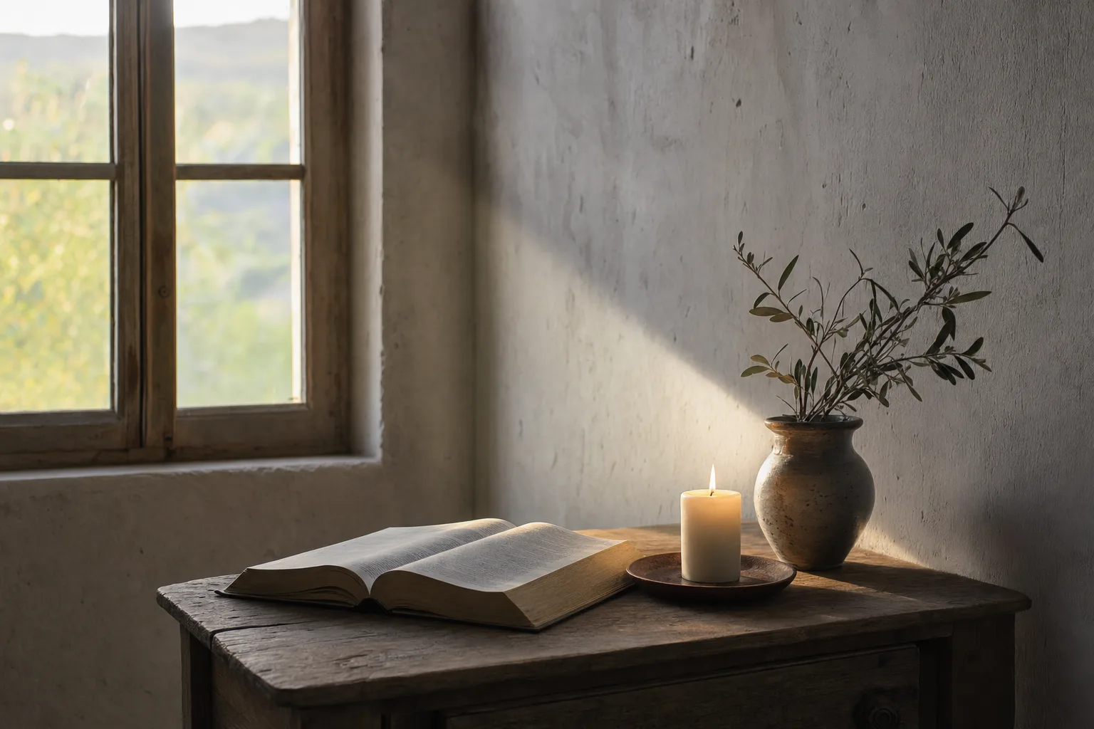 Luz do amanhecer entrando pela janela com uma vela acesa, evocando oração perseverante