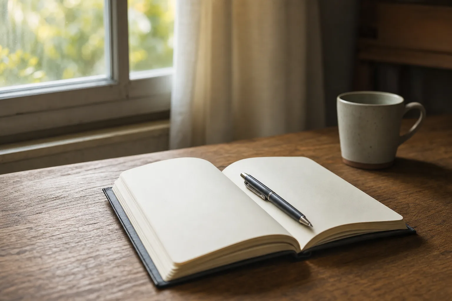 Caderno aberto e caneta sobre a mesa à luz suave da manhã, evocando o peso das palavras