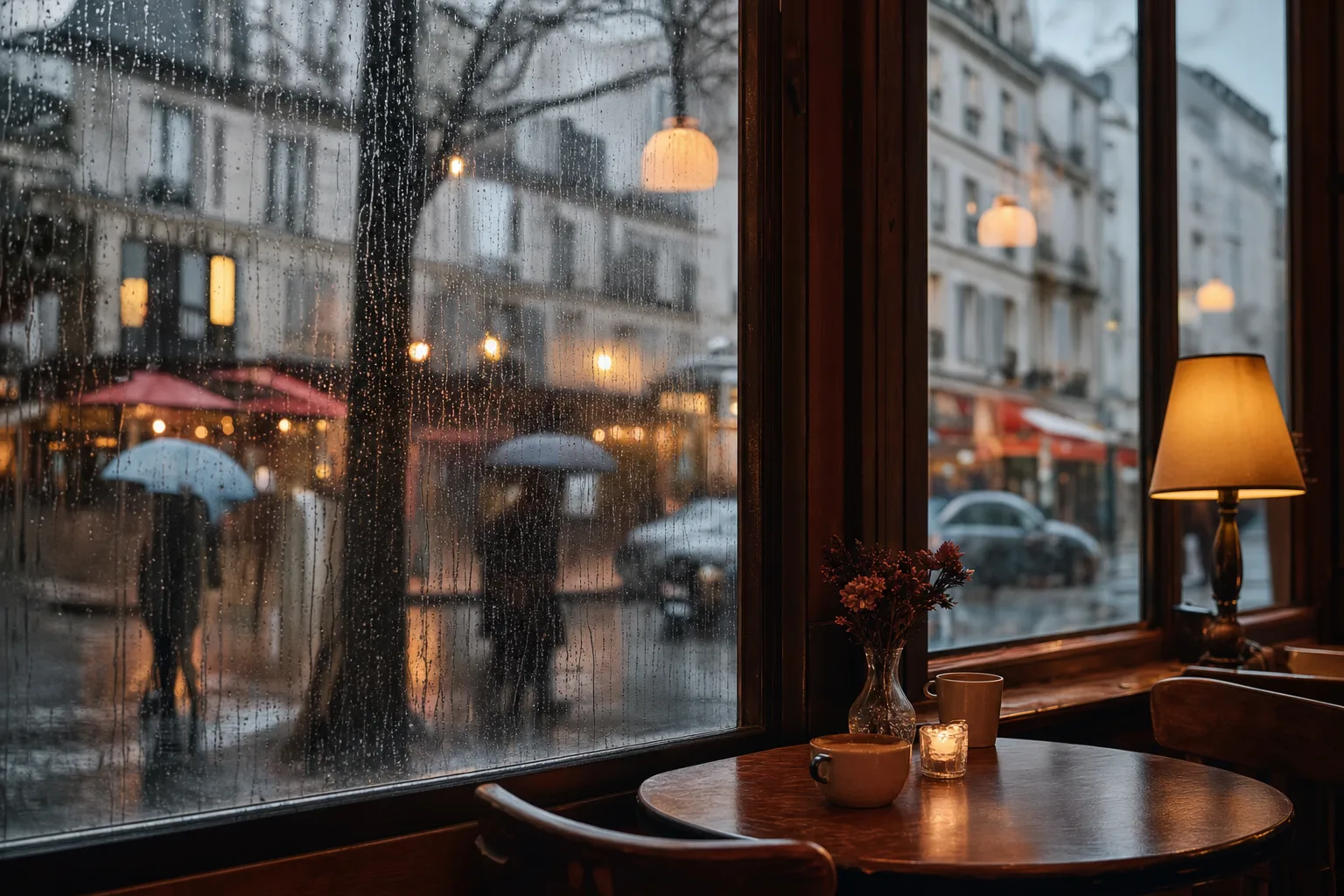 Café aconchegante visto por janela com chuva num dia cinzento em Curitiba