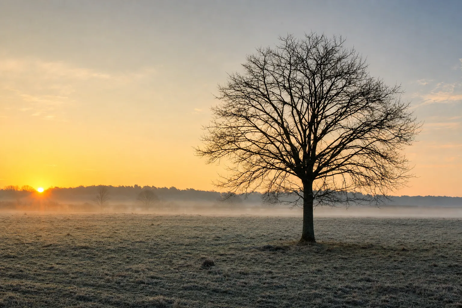 Árvore solitária num campo calmo sob a luz dourada do amanhecer, evocando o tempo certo