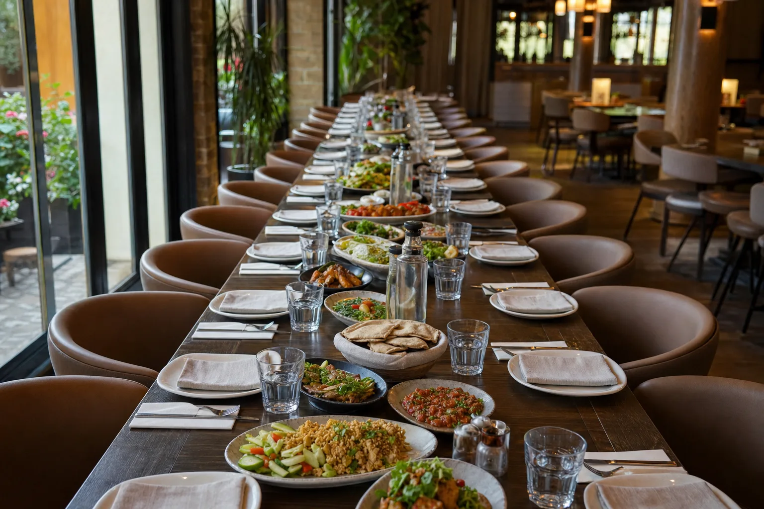 Mesa longa de banquete posta para um jantar de grupo grande num restaurante amplo