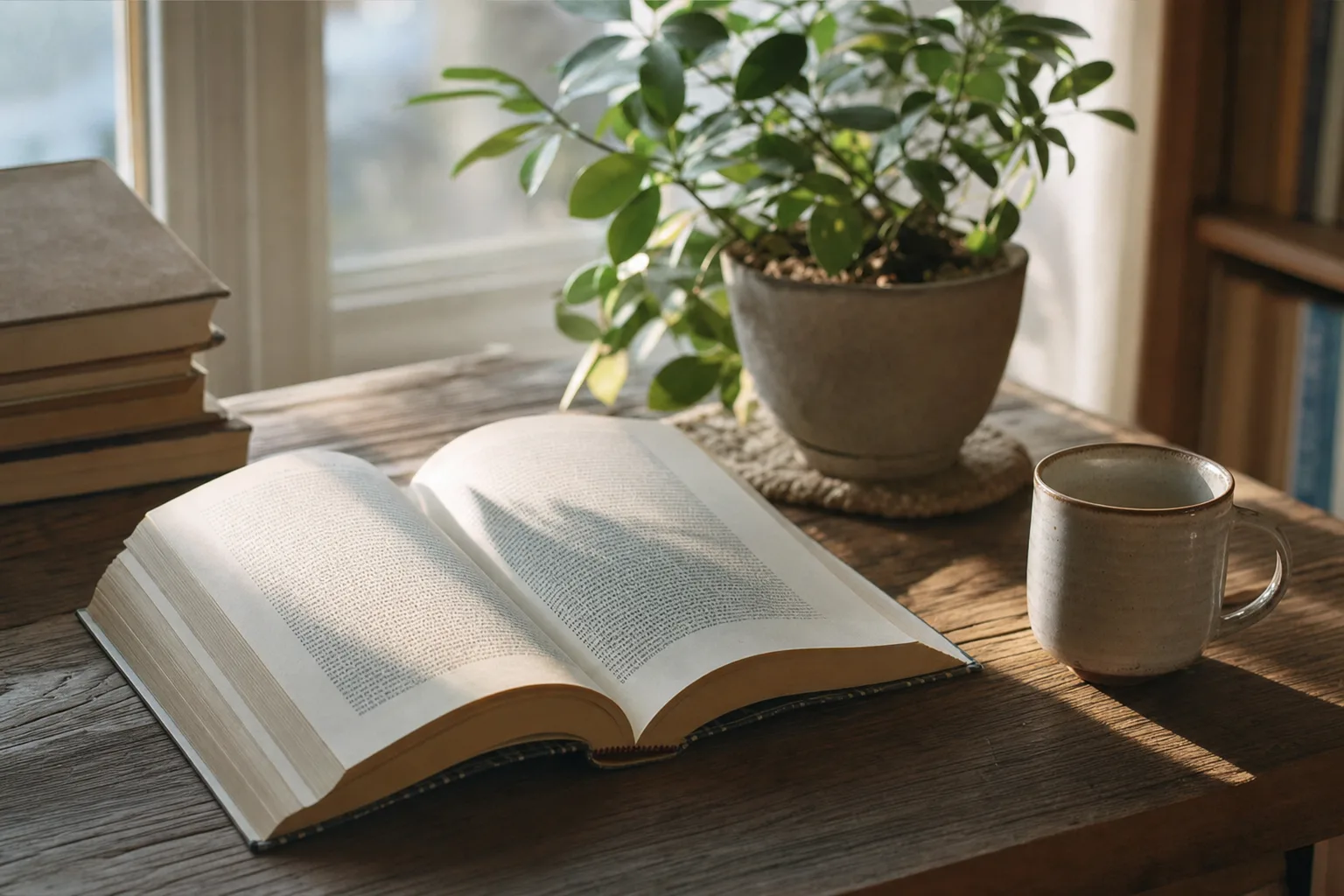 Livro aberto sob a luz da manhã, evocando sabedoria